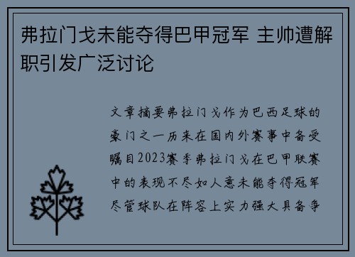 弗拉门戈未能夺得巴甲冠军 主帅遭解职引发广泛讨论