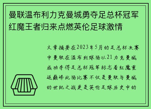 曼联温布利力克曼城勇夺足总杯冠军红魔王者归来点燃英伦足球激情